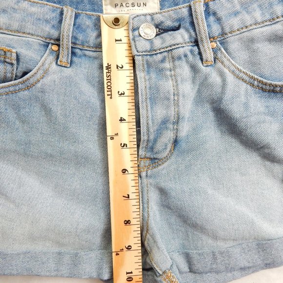 PacSun Womens MId Rise Girlfriend Shorts Button Fly Embroidered Shorts Denim Blu - Picture 7 of 10